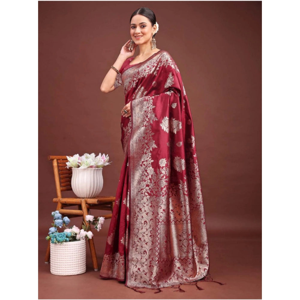 Vaystra Banarasi Silk Printed Saree With Unstitched Blouse 5.5Mtr – Maroon