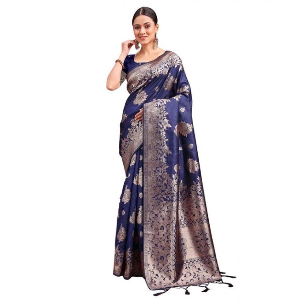 Vaystra Banarasi Silk Printed Saree With Unstitched Blouse 5.5Mtr – Navy Blue