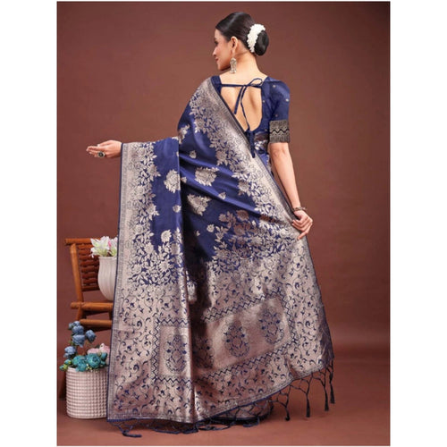 Vaystra Banarasi Silk Printed Saree With Unstitched Blouse 5.5Mtr – Navy Blue