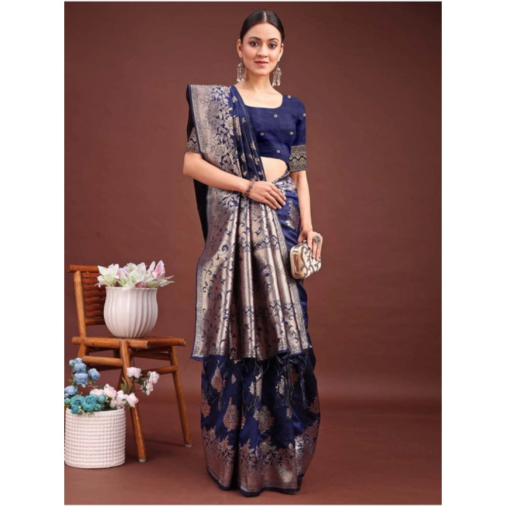 Vaystra Banarasi Silk Printed Saree With Unstitched Blouse 5.5Mtr – Navy Blue