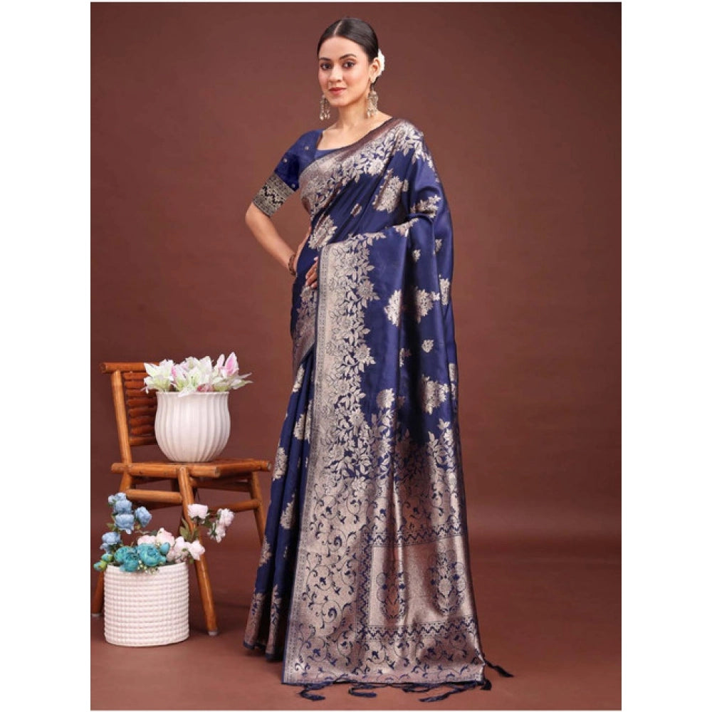 Vaystra Banarasi Silk Printed Saree With Unstitched Blouse 5.5Mtr – Navy Blue