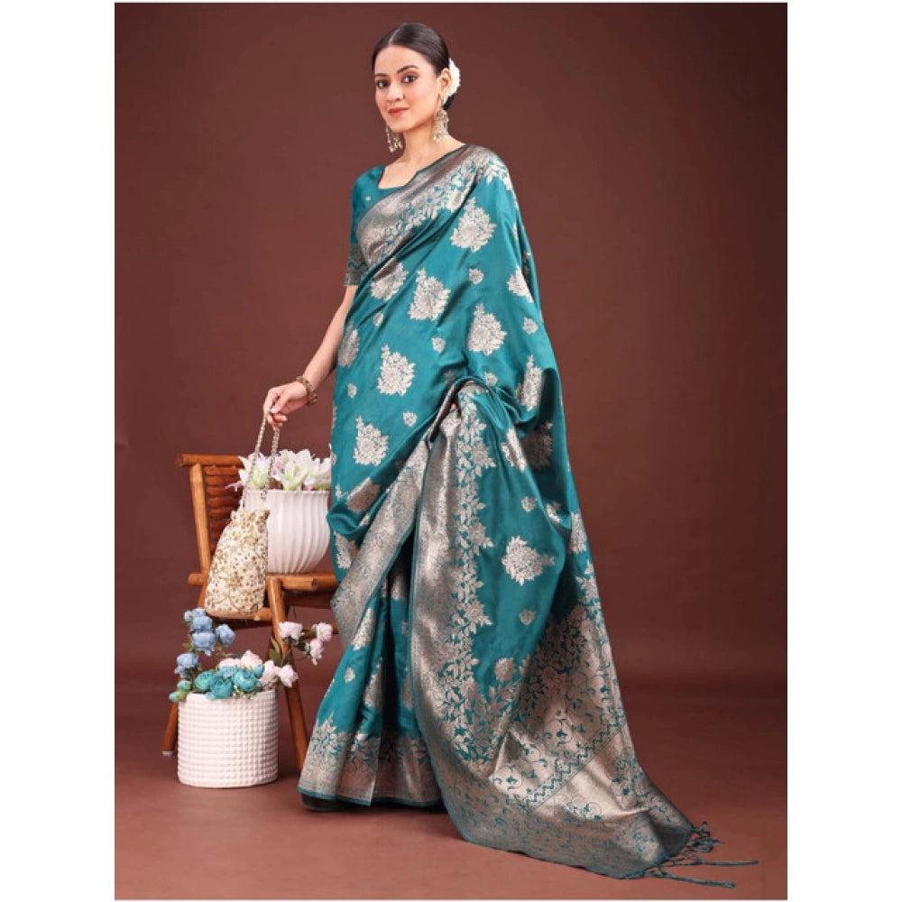 Vaystra Banarasi Silk Printed Saree With Unstitched Blouse 5.5Mtr – Sea Green