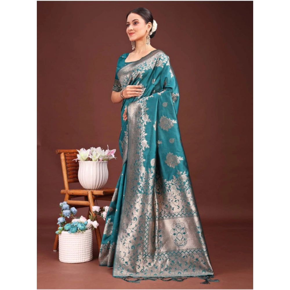 Vaystra Banarasi Silk Printed Saree With Unstitched Blouse 5.5Mtr – Sea Green