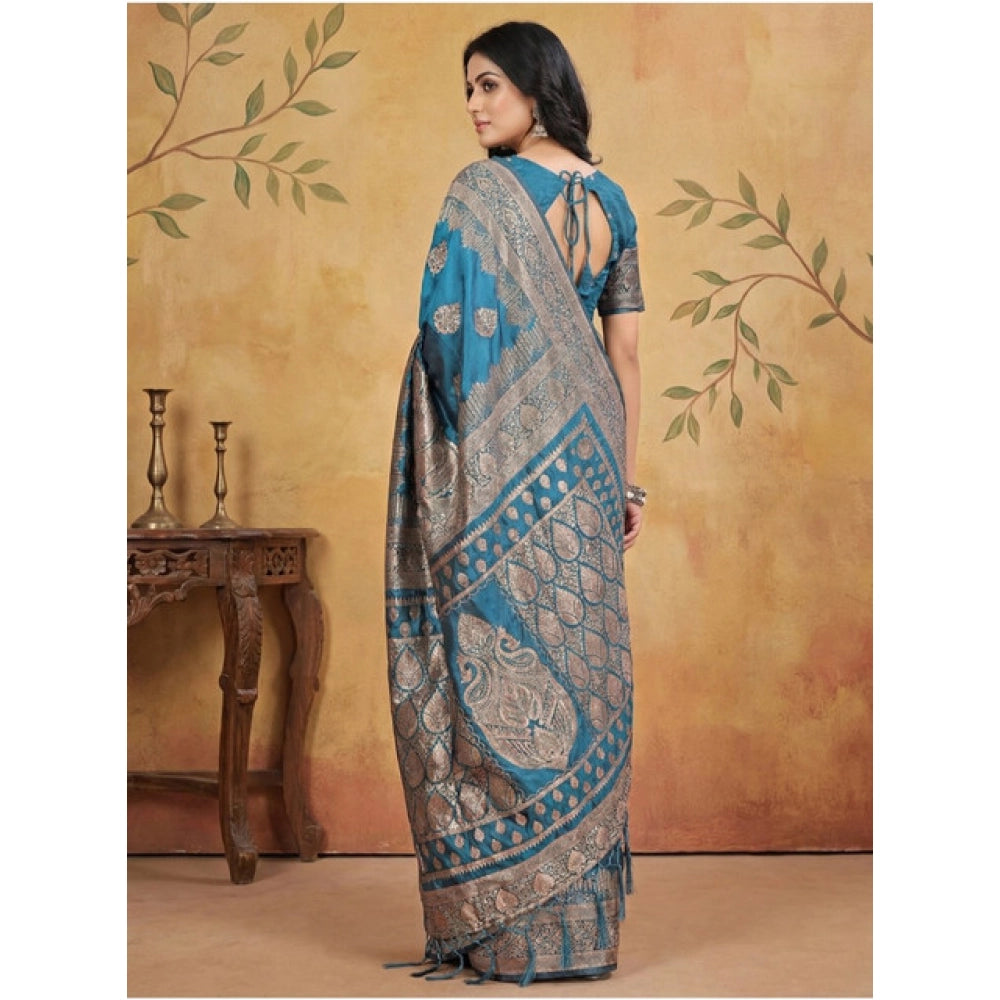 Vaystra Silk Blend Printed Saree With Unstitched Blouse 5.5Mtr – Teal