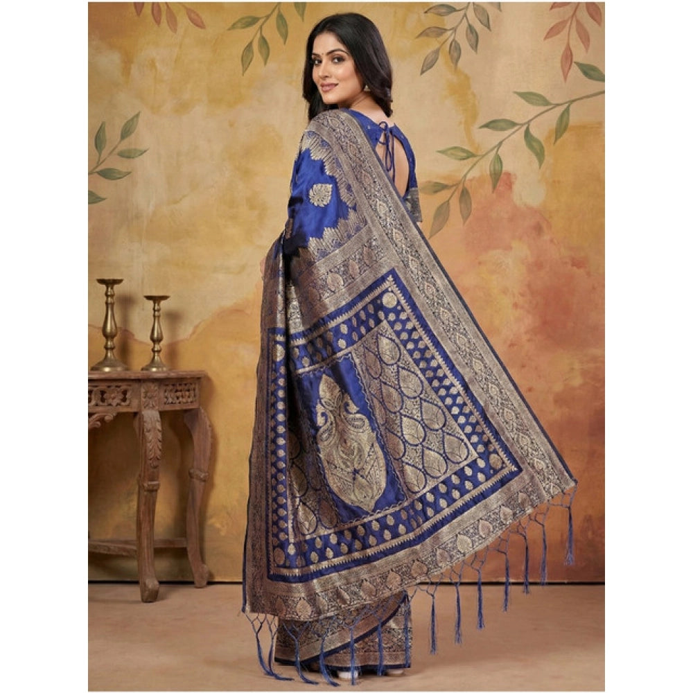 Vaystra Silk Blend Printed Saree With Unstitched Blouse 5.5Mtr – Navy Blue