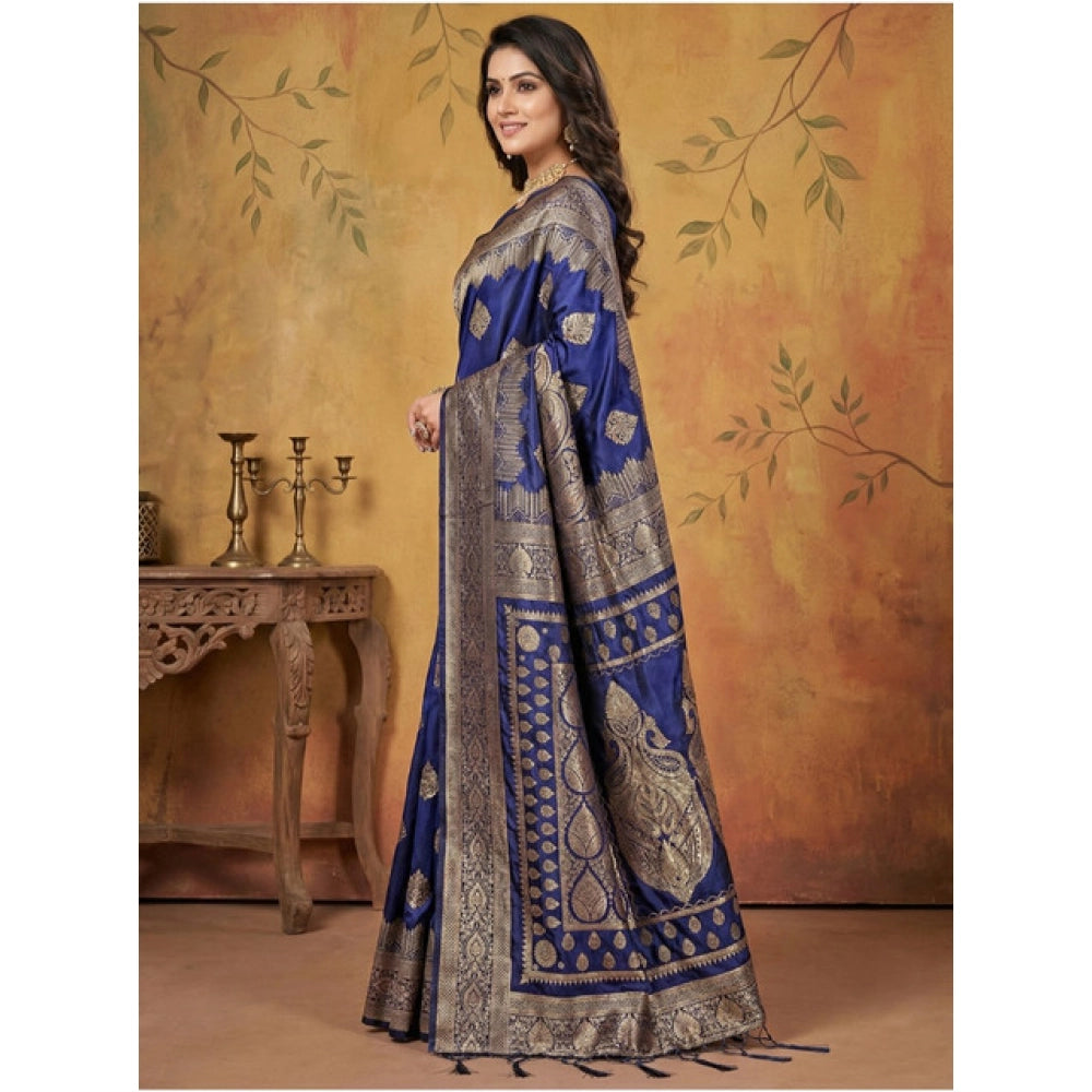 Vaystra Silk Blend Printed Saree With Unstitched Blouse 5.5Mtr – Navy Blue