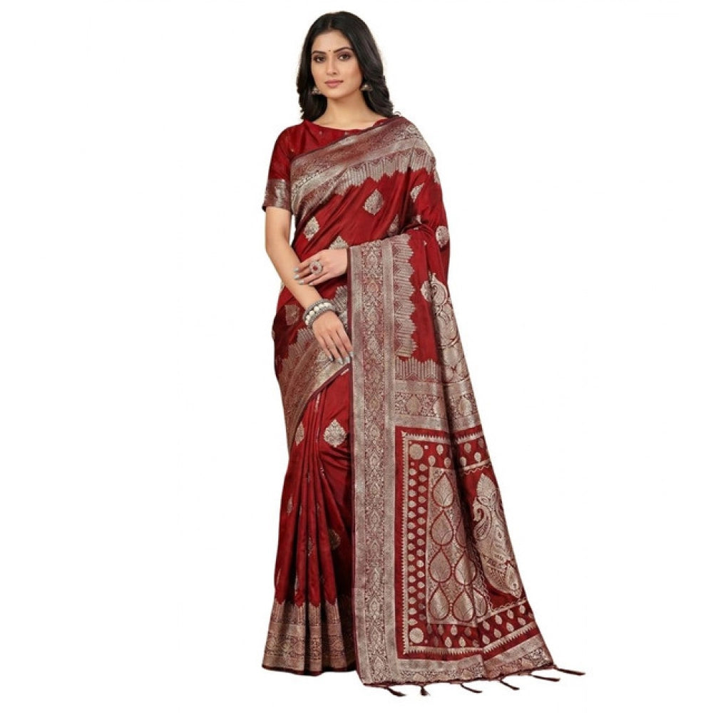 Vaystra Silk Blend Printed Saree With Unstitched Blouse 5.5Mtr – Maroon
