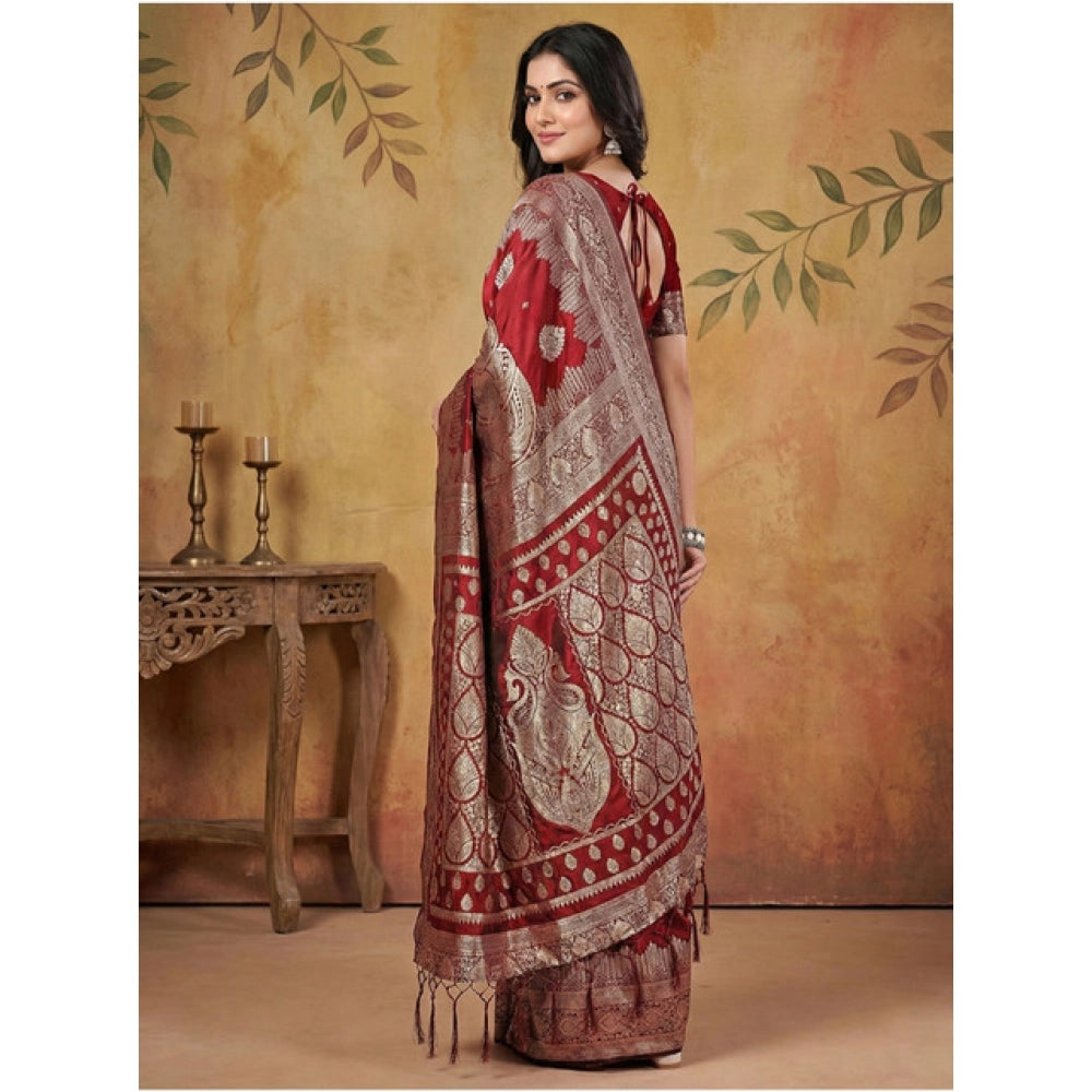 Vaystra Silk Blend Printed Saree With Unstitched Blouse 5.5Mtr – Maroon