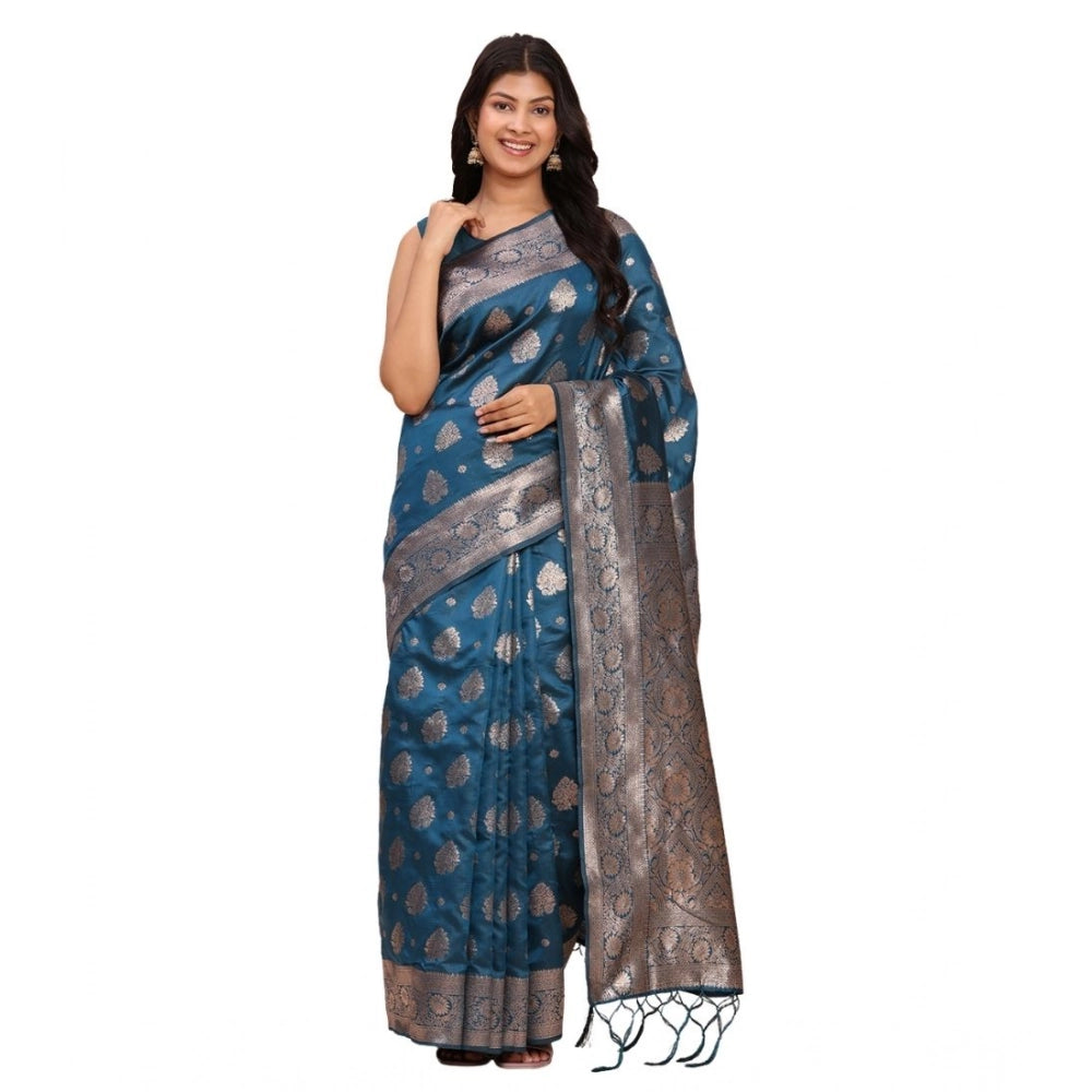 Vaystra Banarasi Silk Printed Saree With Unstitched Blouse 5.5Mtr – Teal Blue
