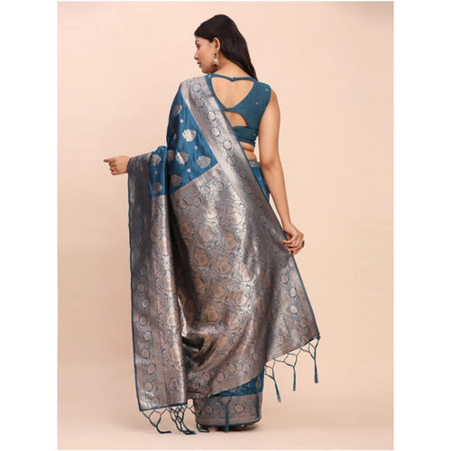 Vaystra Banarasi Silk Printed Saree With Unstitched Blouse 5.5Mtr – Teal Blue