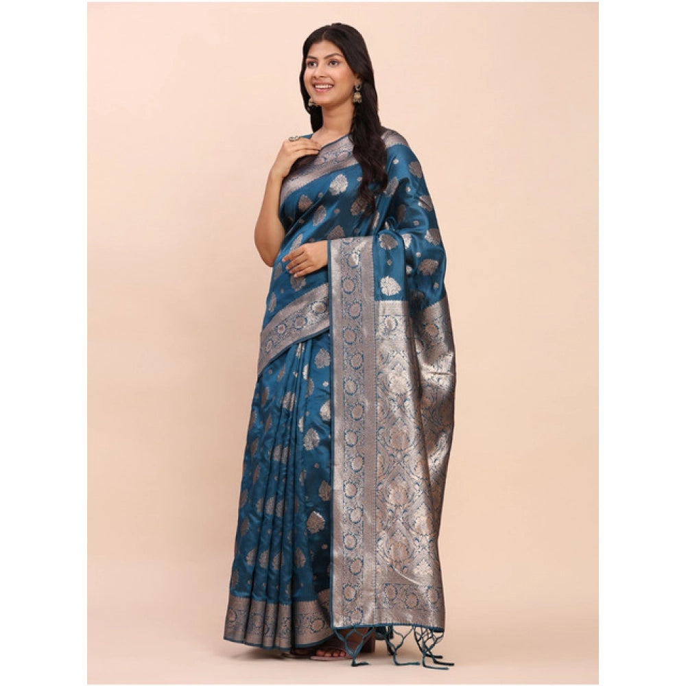 Vaystra Banarasi Silk Printed Saree With Unstitched Blouse 5.5Mtr – Teal Blue