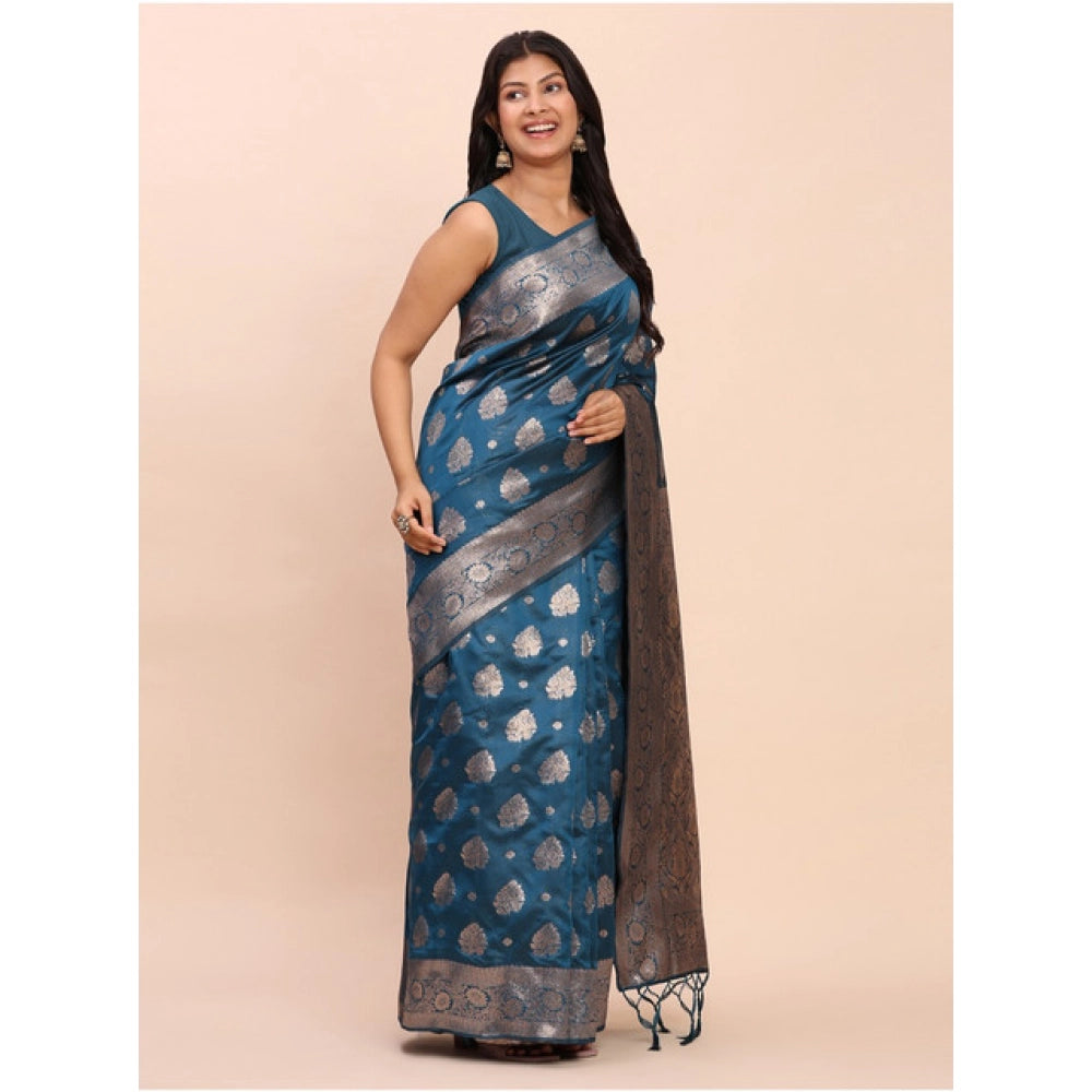 Vaystra Banarasi Silk Printed Saree With Unstitched Blouse 5.5Mtr – Teal Blue
