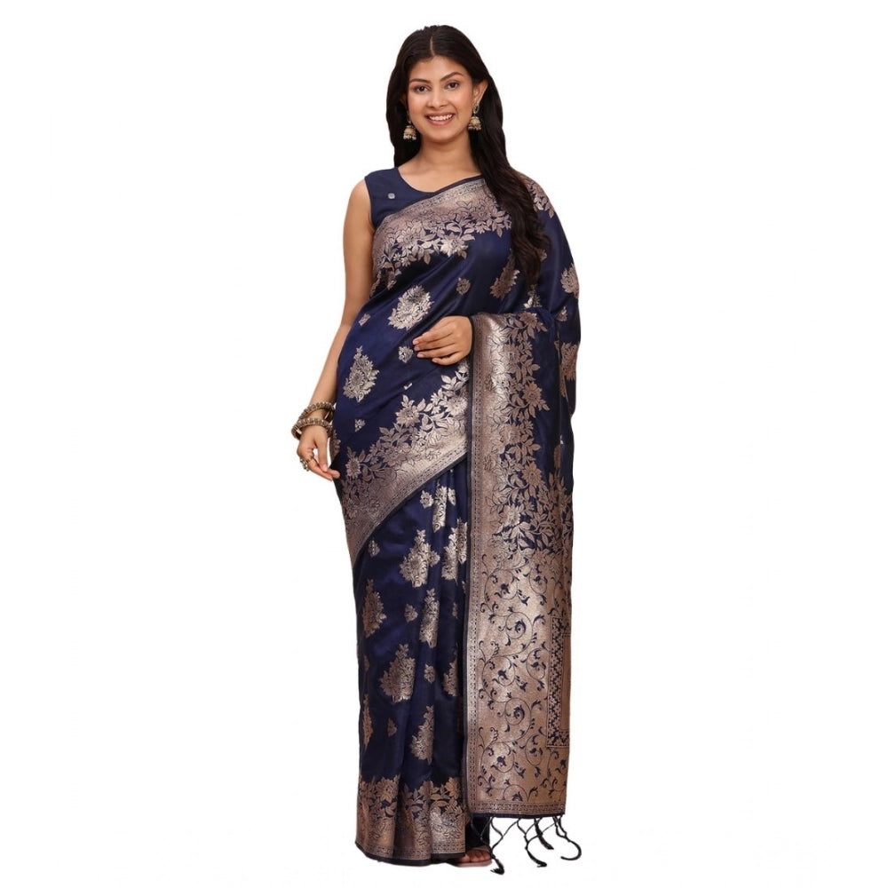 Vaystra Banarasi Silk Printed Saree With Unstitched Blouse 5.5Mtr – Navy Blue