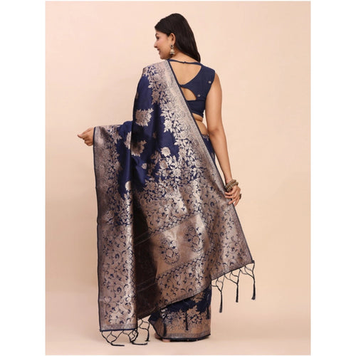 Vaystra Banarasi Silk Printed Saree With Unstitched Blouse 5.5Mtr – Navy Blue