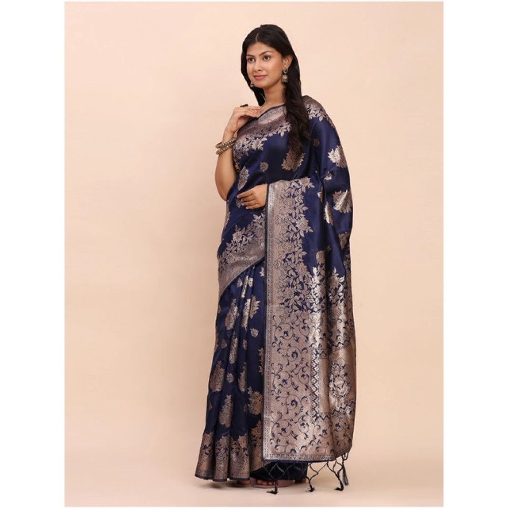 Vaystra Banarasi Silk Printed Saree With Unstitched Blouse 5.5Mtr – Navy Blue