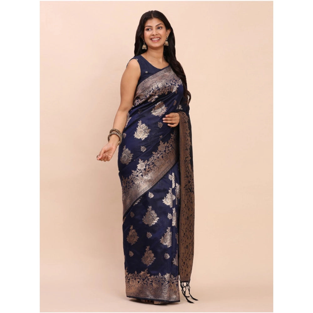Vaystra Banarasi Silk Printed Saree With Unstitched Blouse 5.5Mtr – Navy Blue