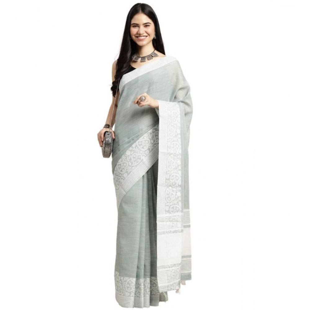 Vaystra Linen Printed Saree With Unstitched Blouse 5.5Mtr – Sea Green