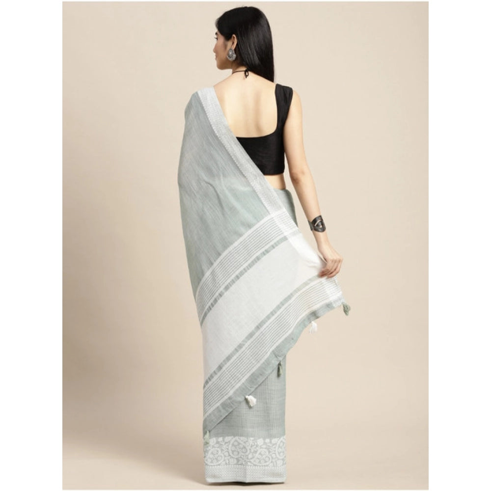 Vaystra Linen Printed Saree With Unstitched Blouse 5.5Mtr – Sea Green