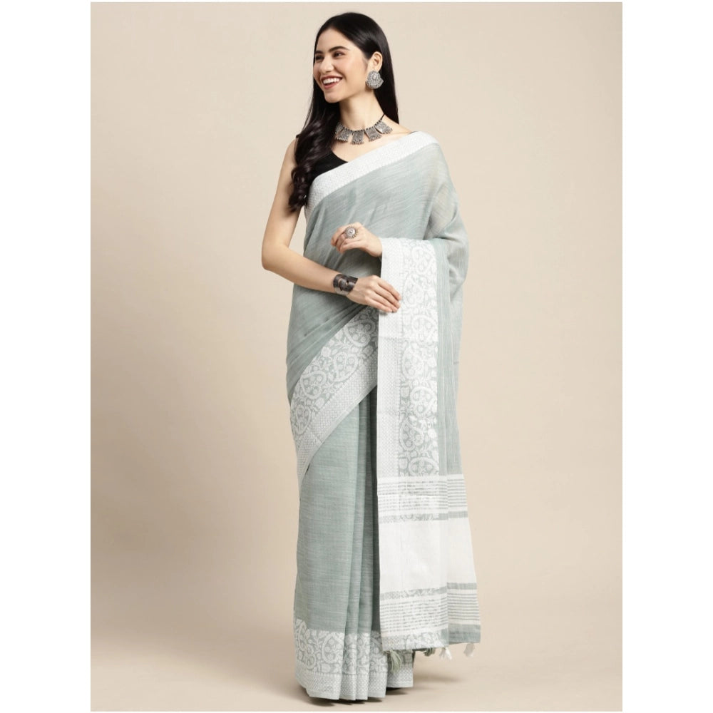 Vaystra Linen Printed Saree With Unstitched Blouse 5.5Mtr – Sea Green