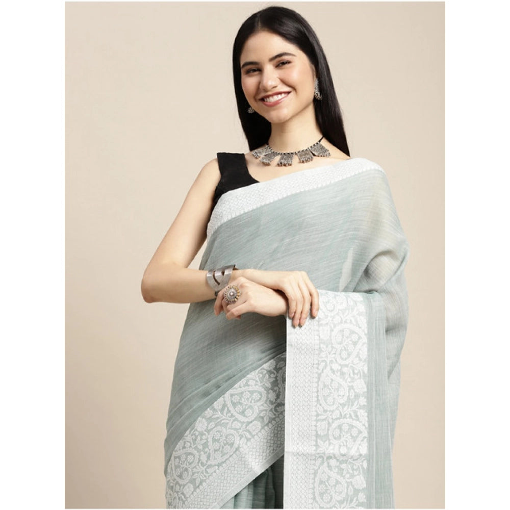 Vaystra Linen Printed Saree With Unstitched Blouse 5.5Mtr – Sea Green