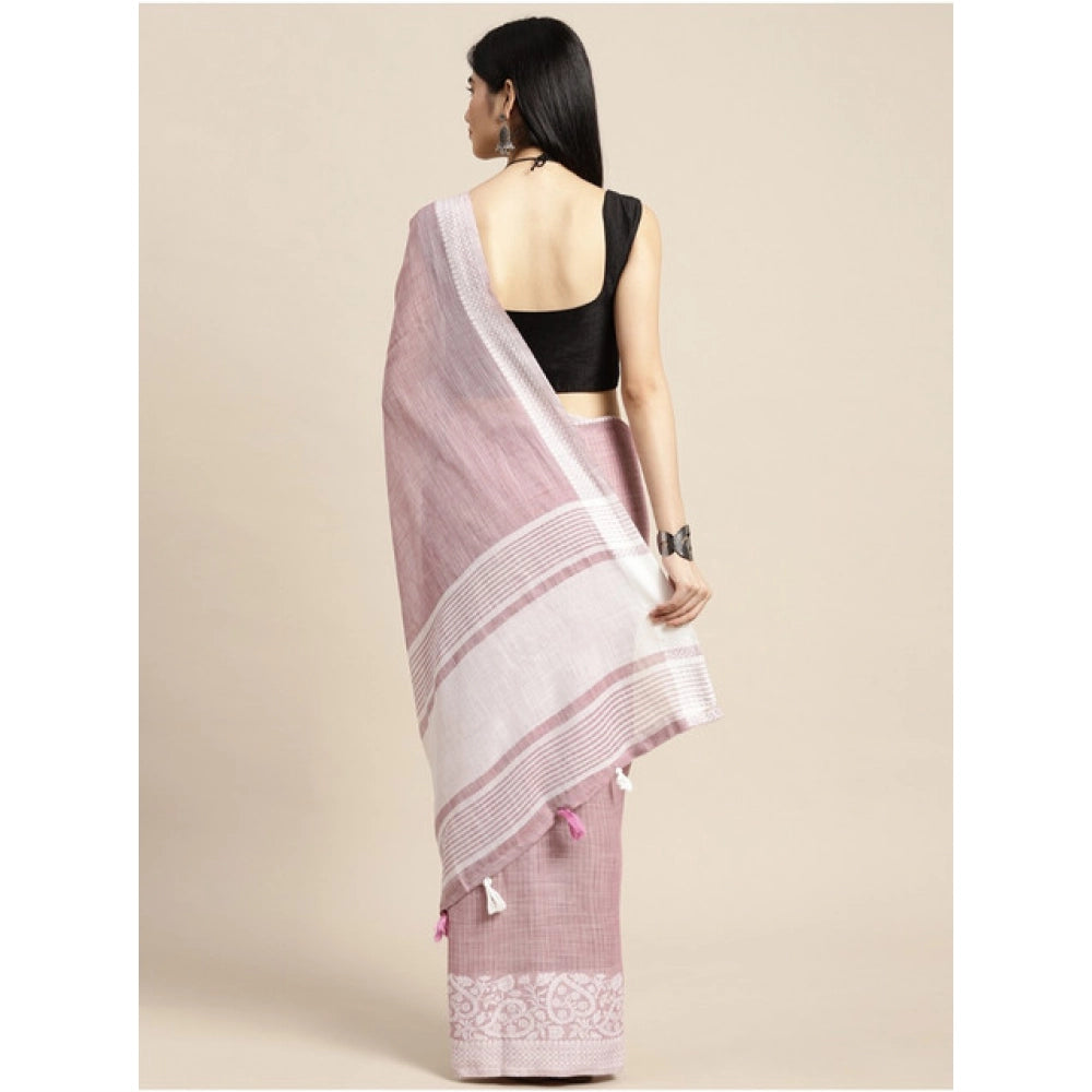 Vaystra Linen Printed Saree With Unstitched Blouse 5.5Mtr – Purple