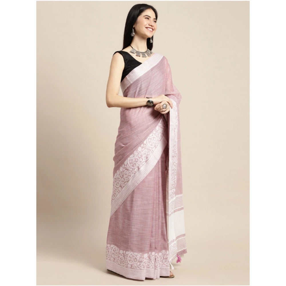 Vaystra Linen Printed Saree With Unstitched Blouse 5.5Mtr – Purple