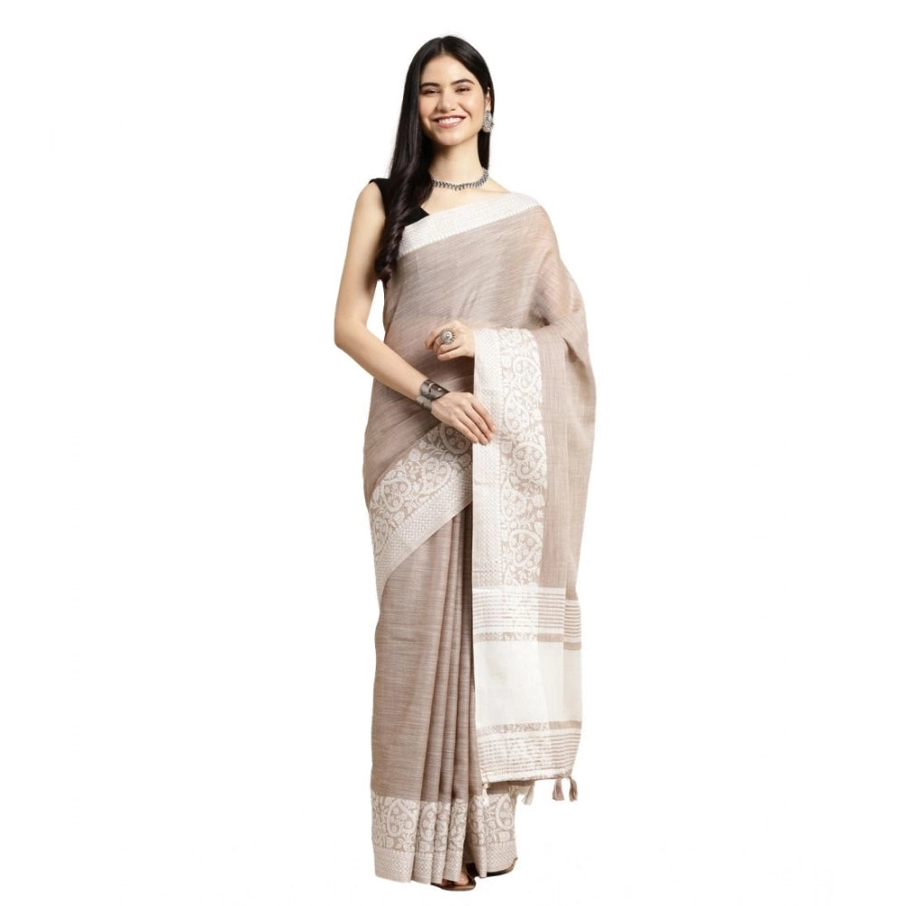Vaystra Linen Printed Saree With Unstitched Blouse 5.5Mtr – Beige