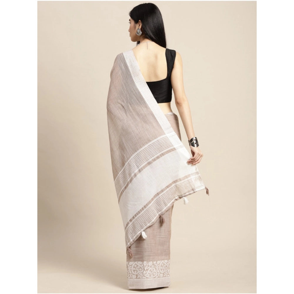 Vaystra Linen Printed Saree With Unstitched Blouse 5.5Mtr – Beige
