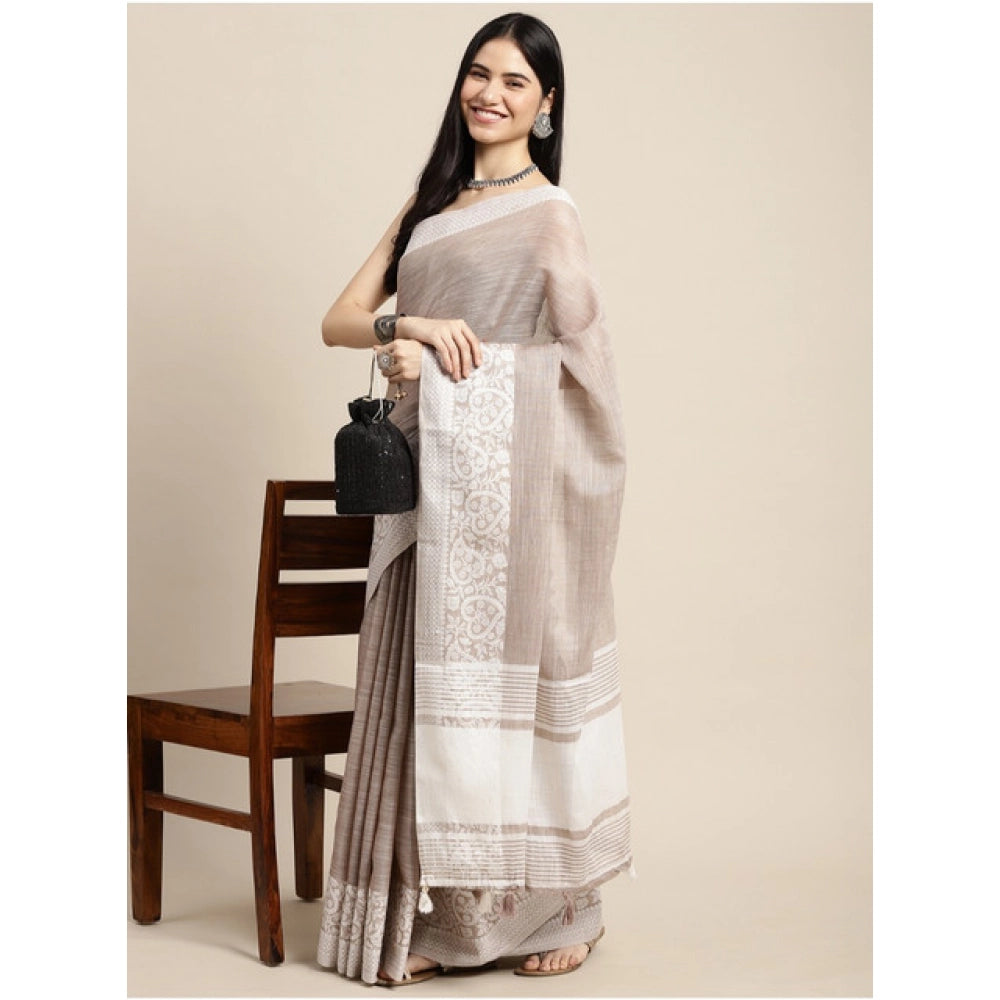 Vaystra Linen Printed Saree With Unstitched Blouse 5.5Mtr – Beige