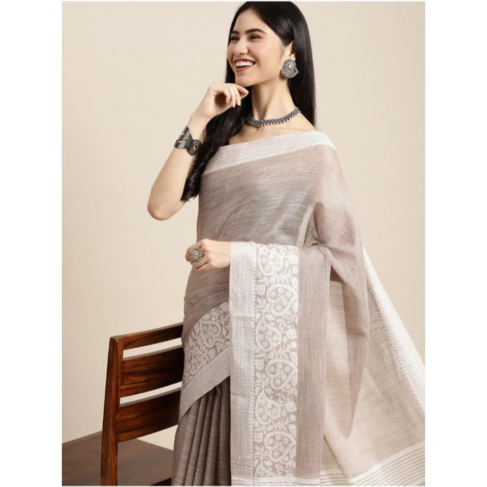 Vaystra Linen Printed Saree With Unstitched Blouse 5.5Mtr – Beige