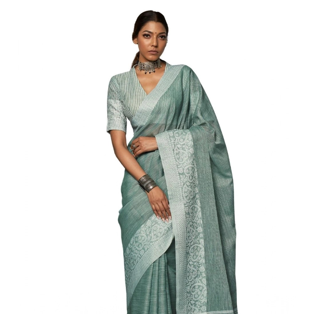 Vaystra Linen Printed Saree With Unstitched Blouse 5.5Mtr – Sea Green