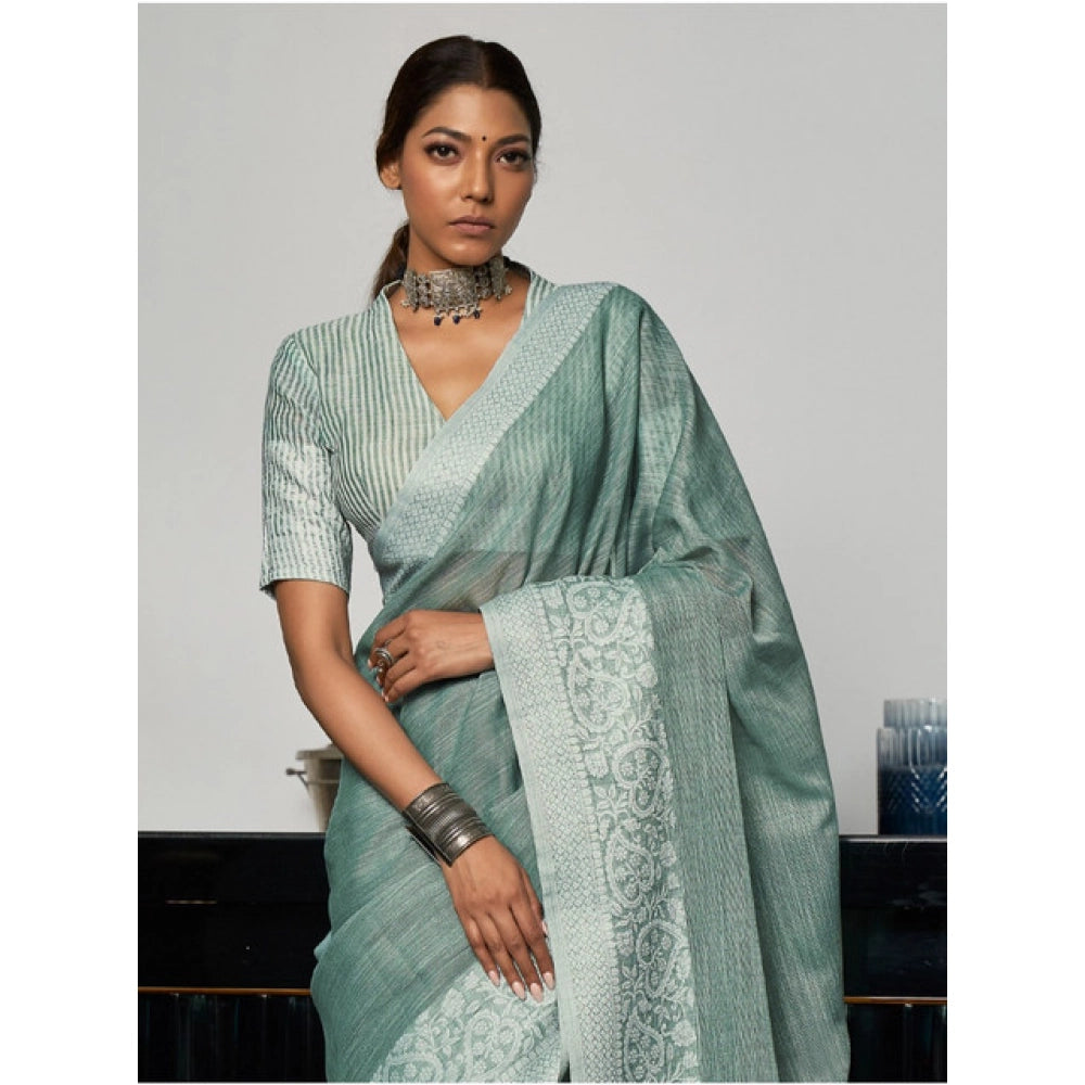 Vaystra Linen Printed Saree With Unstitched Blouse 5.5Mtr – Sea Green
