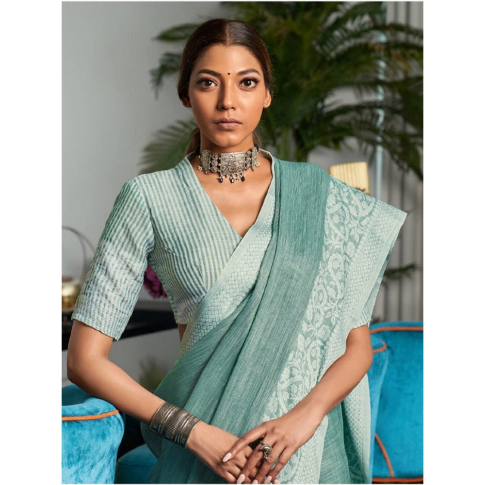 Vaystra Linen Printed Saree With Unstitched Blouse 5.5Mtr – Sea Green