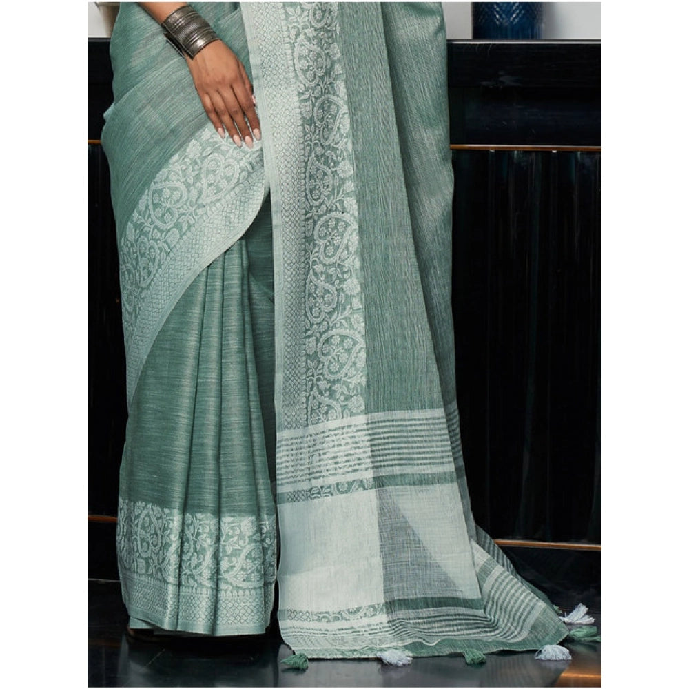 Vaystra Linen Printed Saree With Unstitched Blouse 5.5Mtr – Sea Green