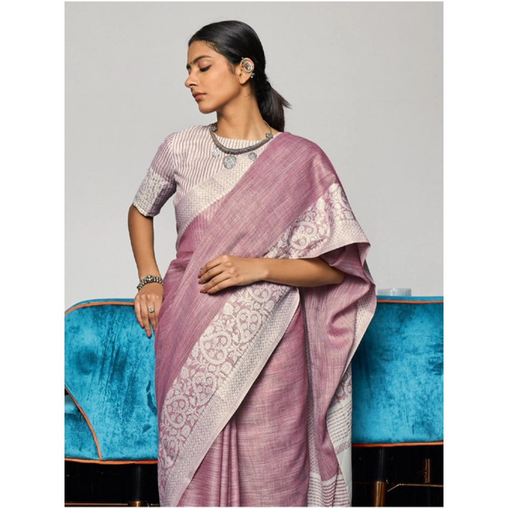 Vaystra Linen Printed Saree With Unstitched Blouse 5.5Mtr – Purple