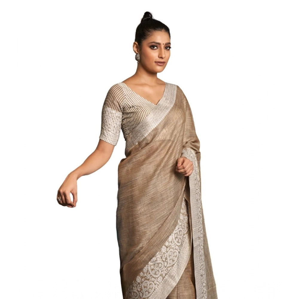 Vaystra Linen Printed Saree With Unstitched Blouse 5.5Mtr – Beige