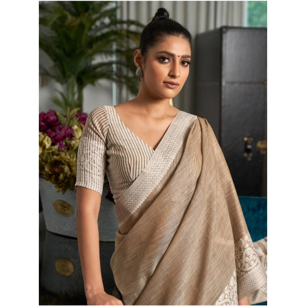 Vaystra Linen Printed Saree With Unstitched Blouse 5.5Mtr – Beige