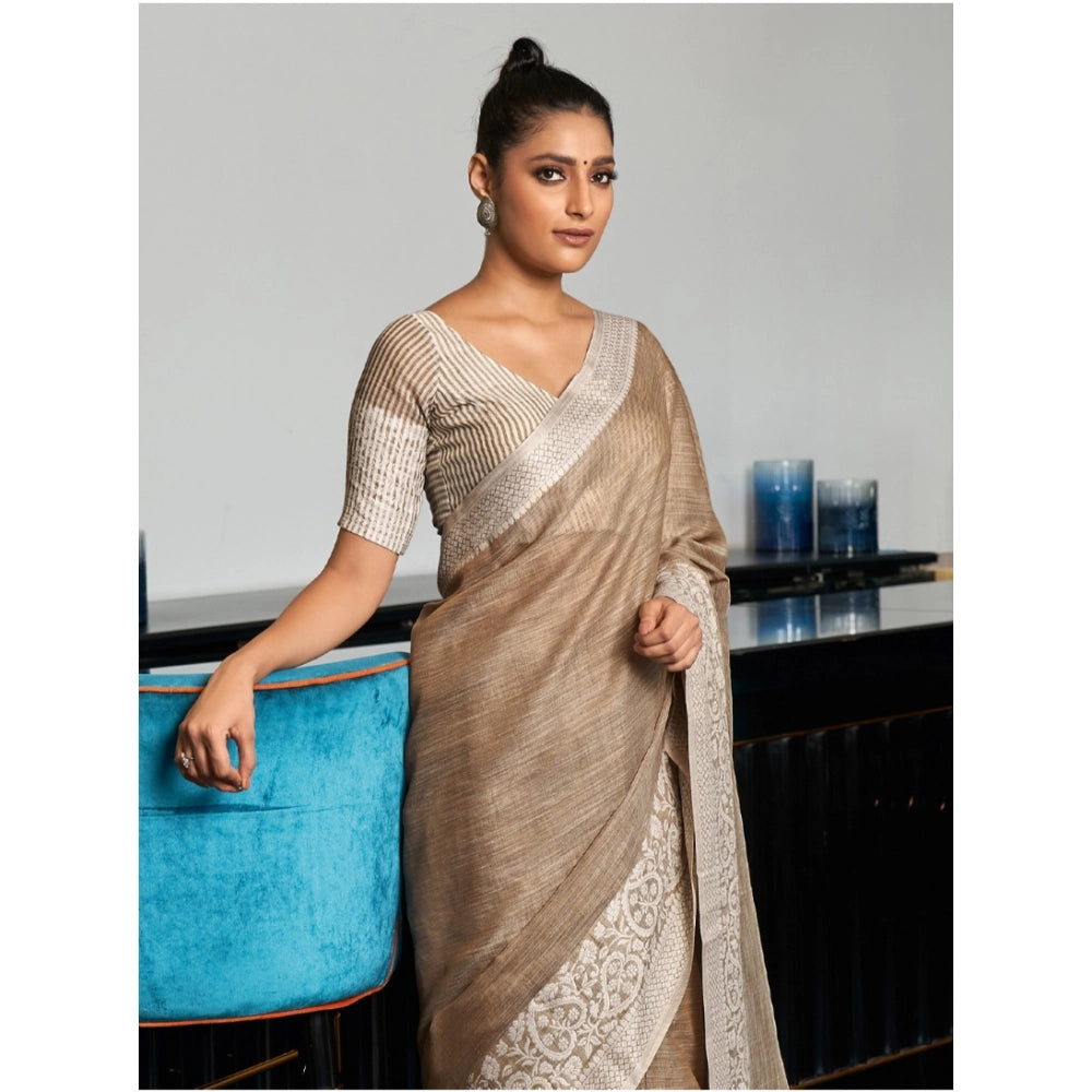 Vaystra Linen Printed Saree With Unstitched Blouse 5.5Mtr – Beige