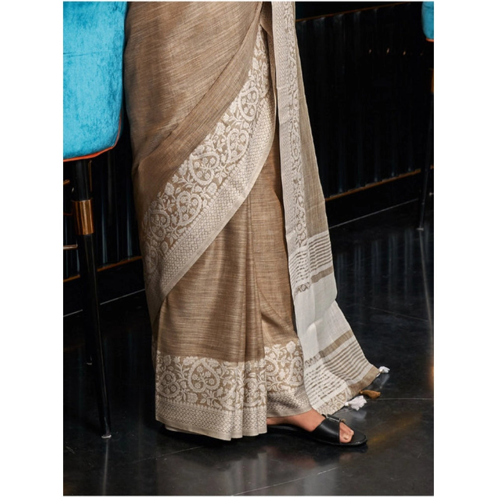 Vaystra Linen Printed Saree With Unstitched Blouse 5.5Mtr – Beige