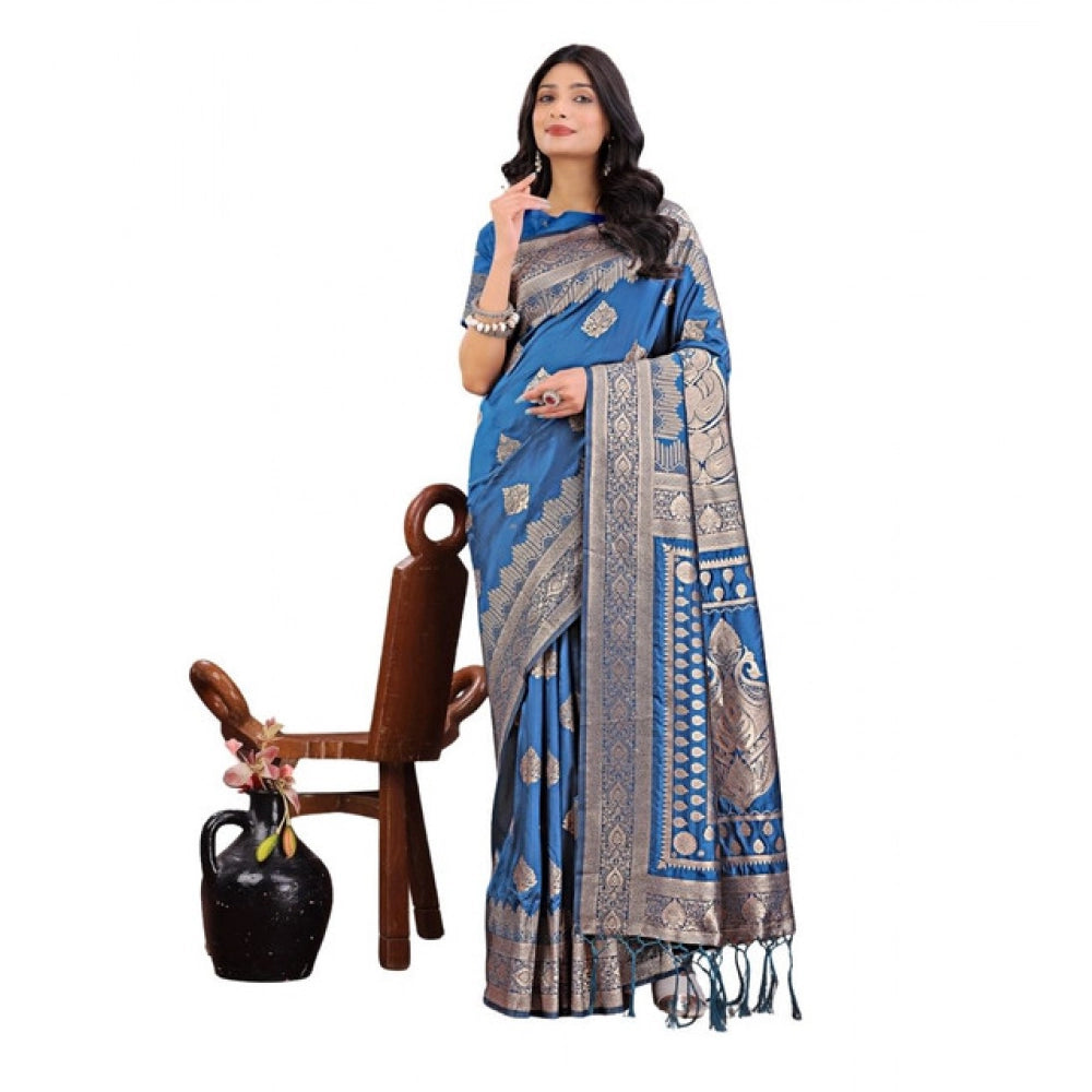 Vaystra Silk Printed Saree With Unstitched Blouse 5.5Mtr – Sky Blue