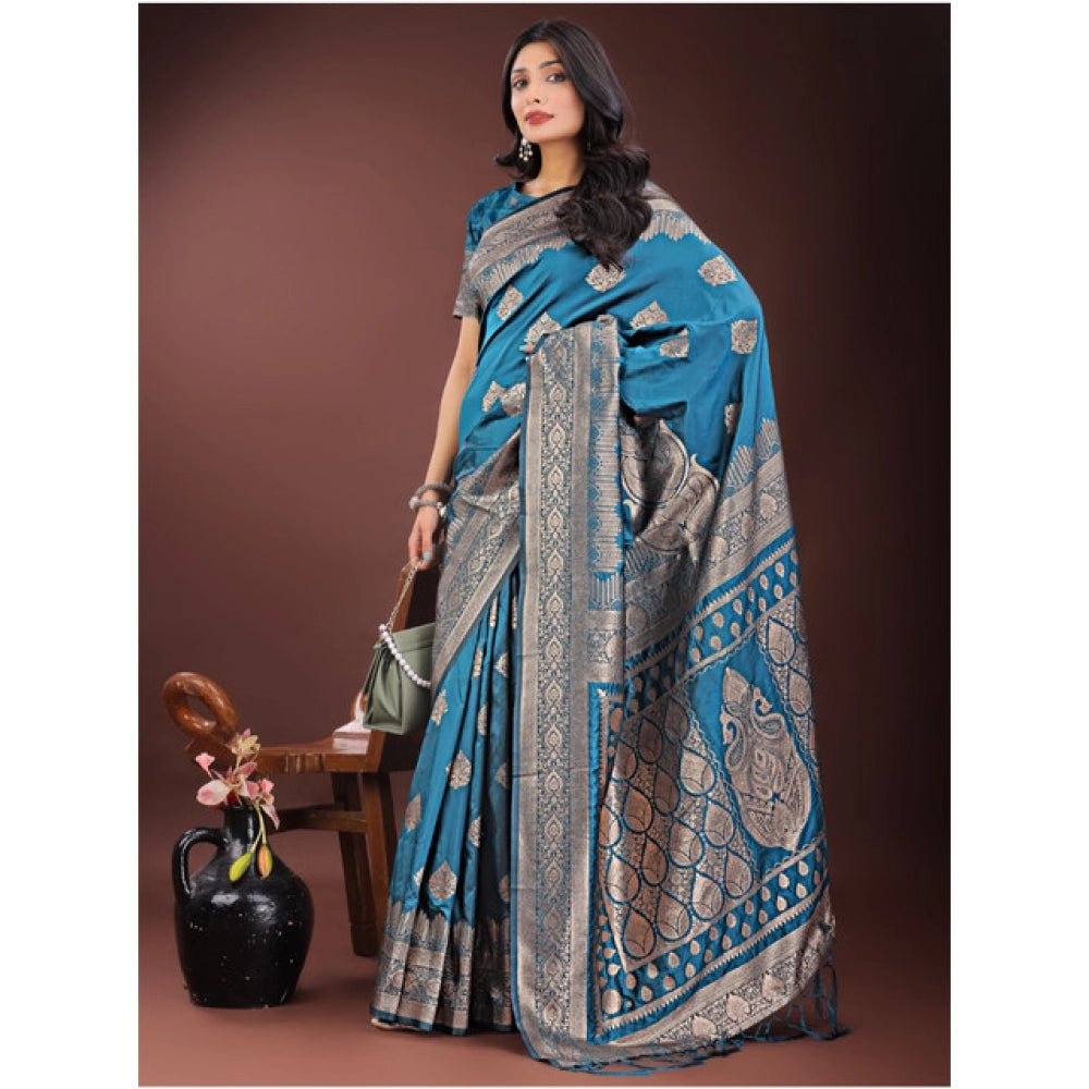 Vaystra Silk Printed Saree With Unstitched Blouse 5.5Mtr – Teal