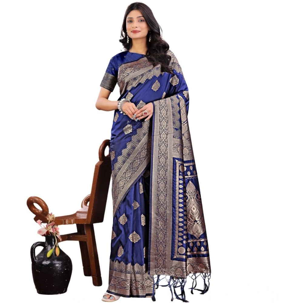 Vaystra Silk Printed Saree With Unstitched Blouse 5.5Mtr – Navy Blue