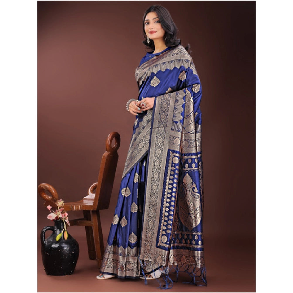 Vaystra Silk Printed Saree With Unstitched Blouse 5.5Mtr – Navy Blue