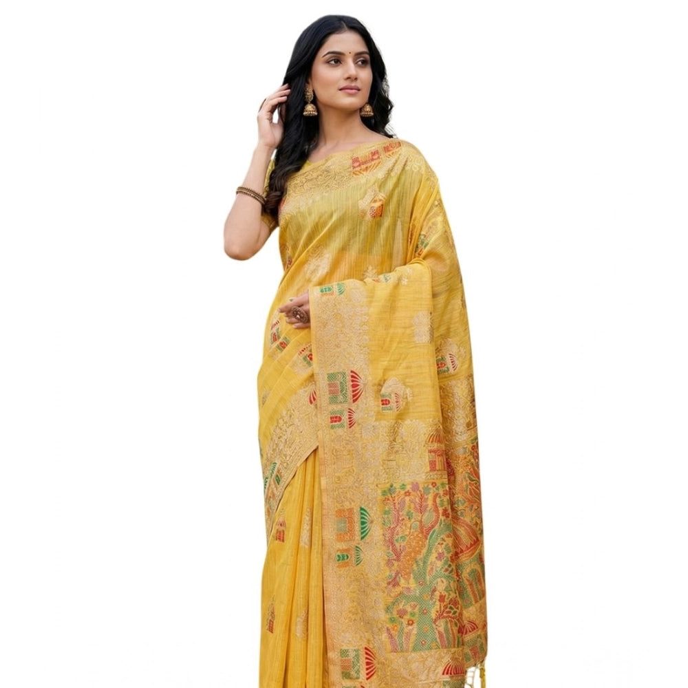Vaystra Linen Cotton Printed Saree With Unstitched Blouse 5.5Mtr – Yellow