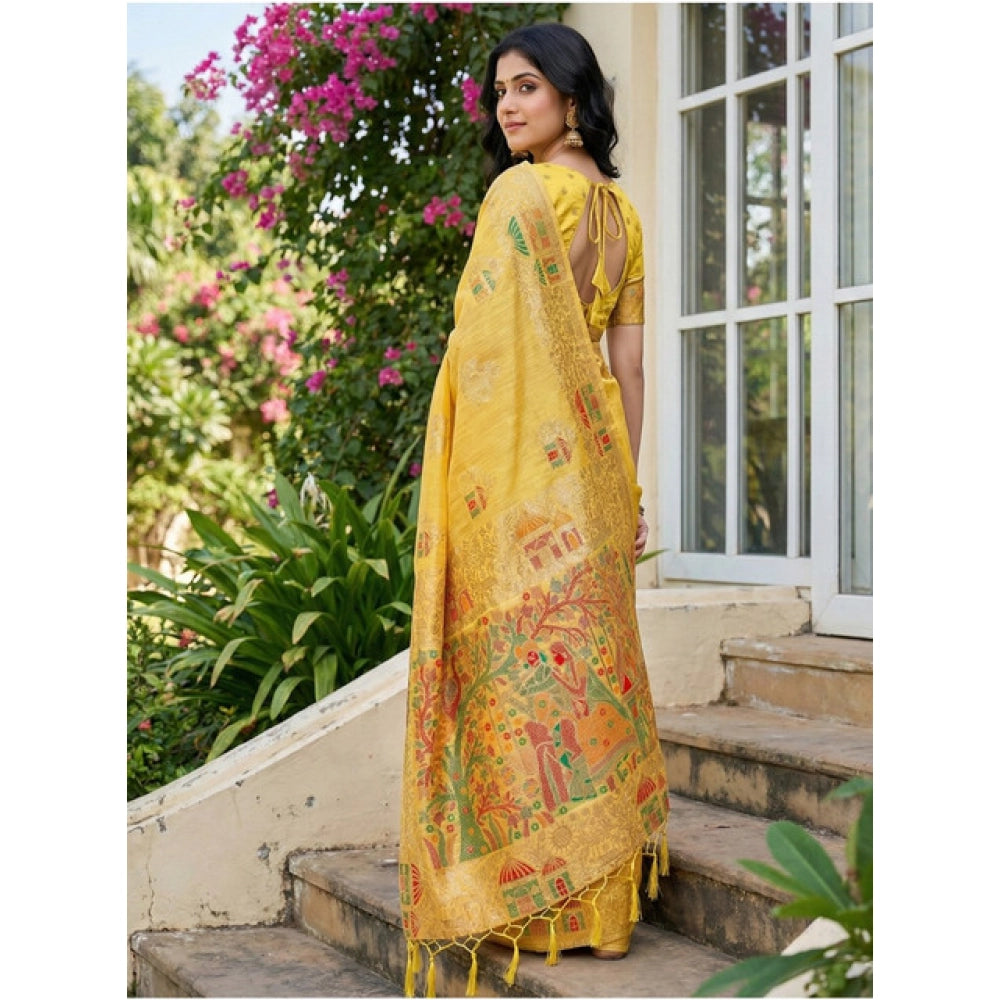 Vaystra Linen Cotton Printed Saree With Unstitched Blouse 5.5Mtr – Yellow