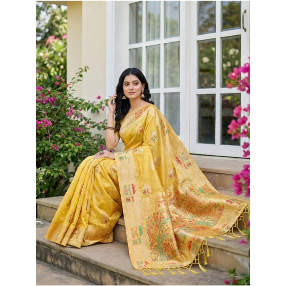 Vaystra Linen Cotton Printed Saree With Unstitched Blouse 5.5Mtr – Yellow