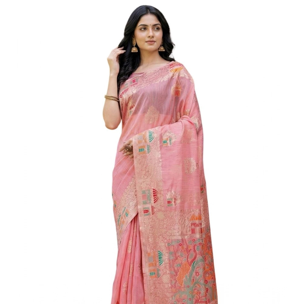 Vaystra Linen Cotton Printed Saree With Unstitched Blouse 5.5Mtr – Pink