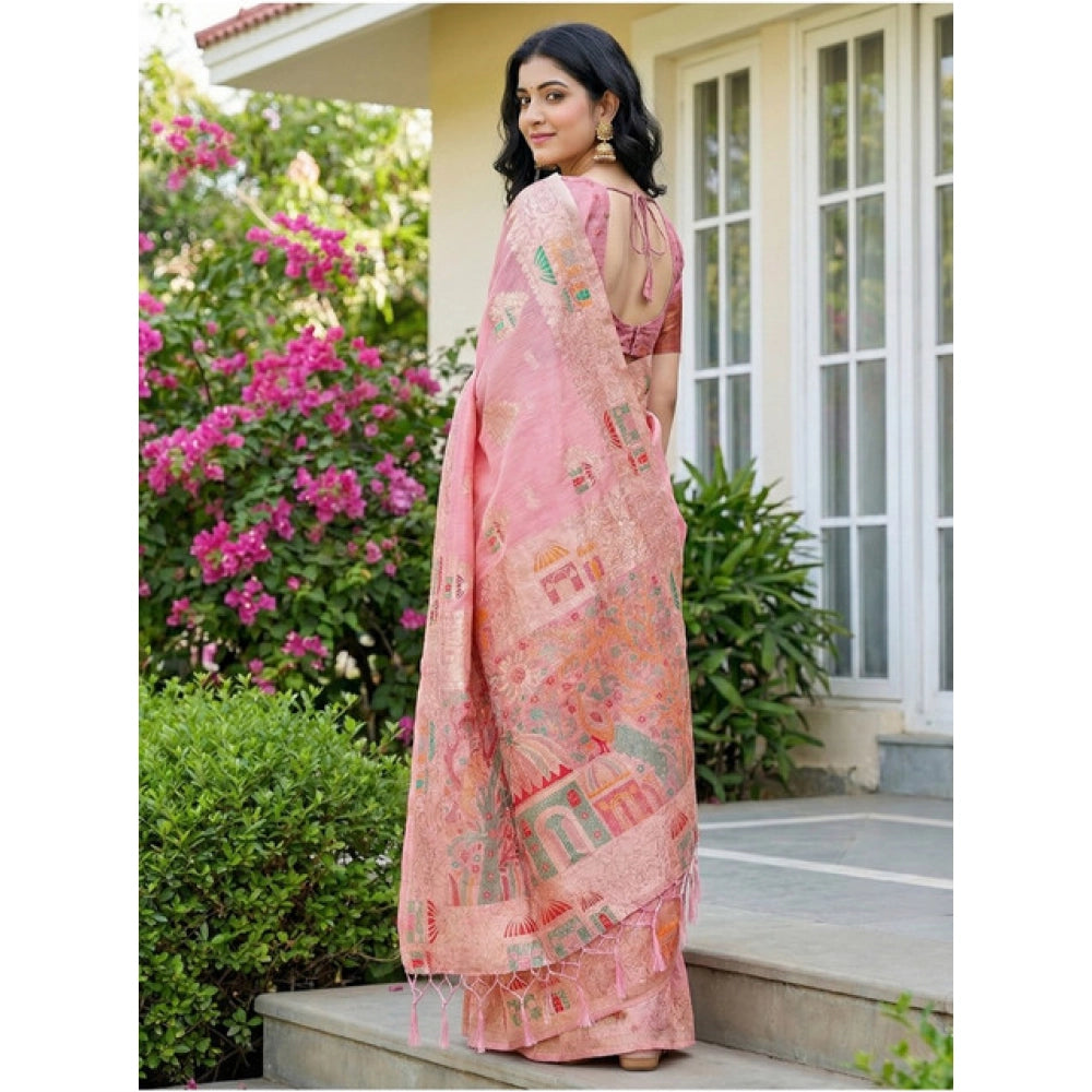 Vaystra Linen Cotton Printed Saree With Unstitched Blouse 5.5Mtr – Pink