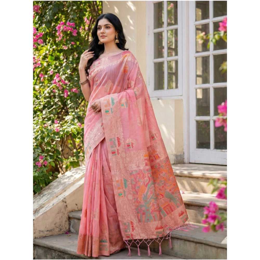 Vaystra Linen Cotton Printed Saree With Unstitched Blouse 5.5Mtr – Pink