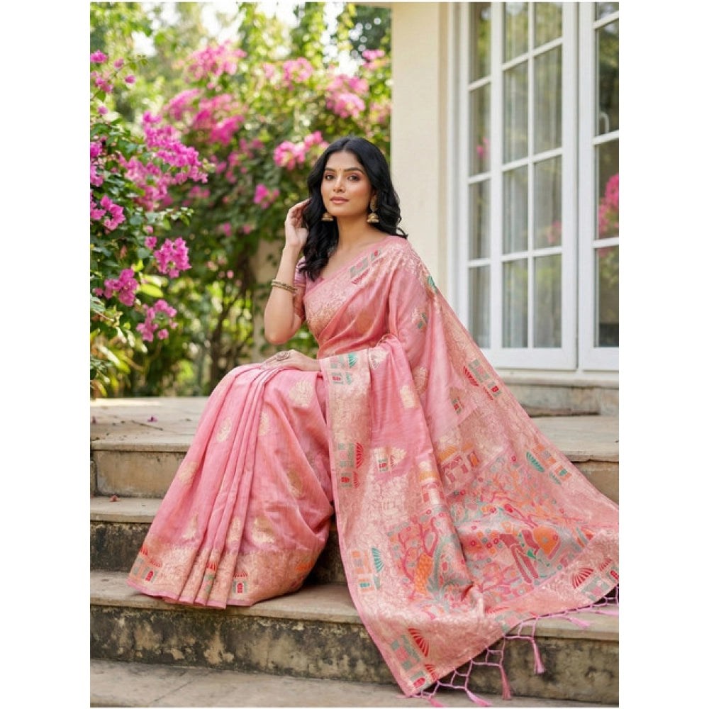 Vaystra Linen Cotton Printed Saree With Unstitched Blouse 5.5Mtr – Pink